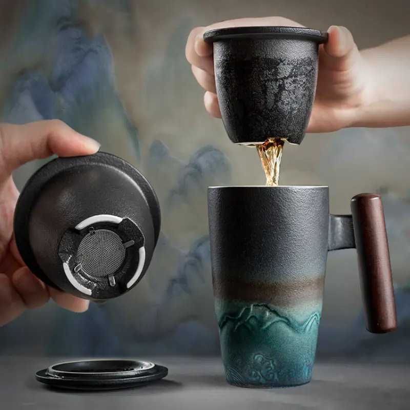 Handgemachte Keramik Kaffee Tee becher Große Keramik Sieb Kreative Retro Tasse Traditionelle Tee tasse Keramik Tasse Business Geschenkset