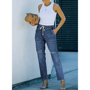 2025 <b>Women's</b> High Waisted Ripped <b>Denim</b> <b>Joggers</b> Blue Cargo Pants with Pull Elastic Drawstring Waist Flared Style Size 12 - Product Image 3
