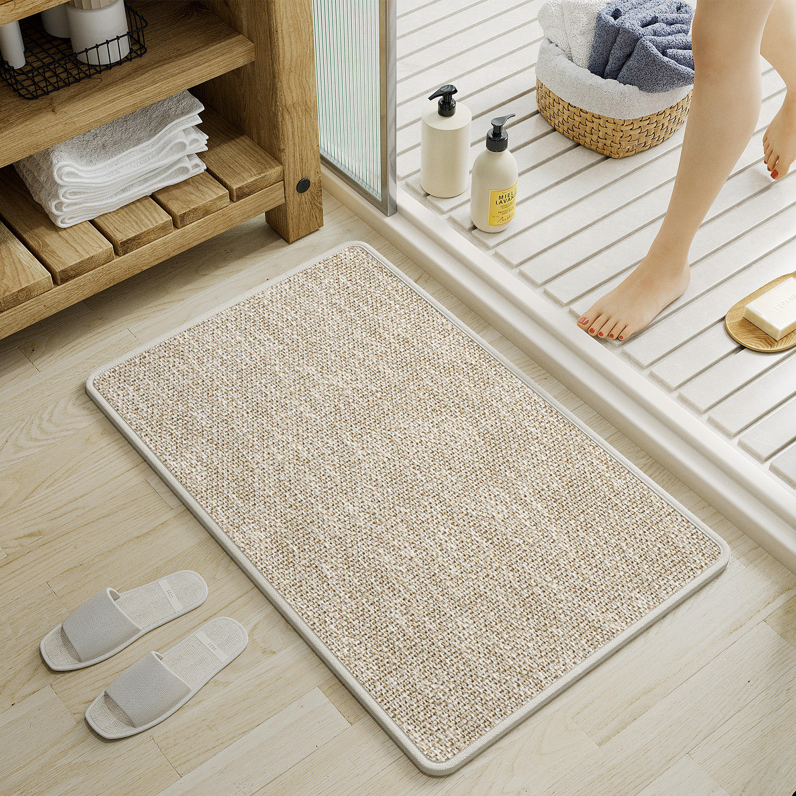 Alfombra de baño de poliéster y lino - arroz minimalista