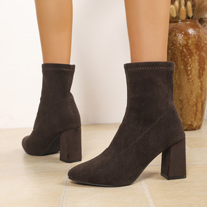 2026 Herbst und Winter Neue Modische Stiefel Spitze Form Dicker Absatz Lässige Kurze Elastische Stoffstiefel Großhandel - Product Image 3