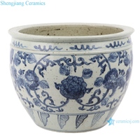 Pot Bunga Keramik Biru Putih Bermotif Bunga Lukisan Tangan Antik RZFB25