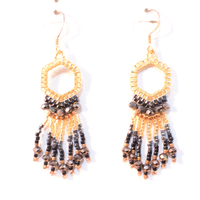 Boucles d'oreilles pendantes tissées à la main en perles de riz Miyuki, style ethnique bohème rétro classique, avec pompon hexagonal creux