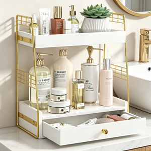 Organizzatore da <span class=keywords><strong>Bagno</strong></span> a 2 Livelli in Gomma di Caucciù e Metallo, Antiscivolo, Sottile, Salvaspazio, con Cassetto per Ripiano del Lavabo - Product Image 1