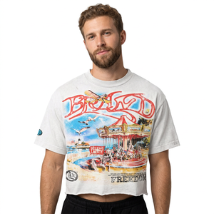 BRAVO Freedom Carousel Print <b>Men's</b> Short Sleeve T-Shirt Regular Fit <b>Turtleneck</b> Formal Jersey 100% Cotton Front Logo <b>White</b> - Product Image 6