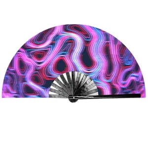 Tùy Chỉnh In Tay Làm Tre Gấp Cầu Vồng Lớn Rave Neon UV Phản Ứng Đảng Bamboo Hand Fan