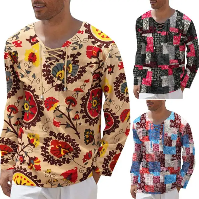 2022 New Men's Printed Lace Up Fashion Casual Long Sleeve Square Neck Shirt