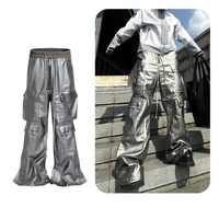 Celana Kerja Unisex Oversize Bergaya Streetwear Amerika, Lapisan Metalik Gelap, Model Wide-Leg, High Hip Hop, Bahan Akrilik PU, Banyak Kantong