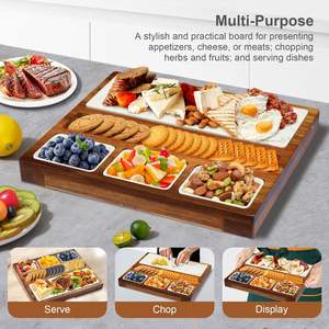 Planche à découper et plateau de service en bois d'acacia et marbre, plateau à charcuterie et à fromage avec tiroir caché, fourchettes, couteaux, bol <span class=keywords><strong>pour</strong></span> pique-nique, cadeau - Product Image 3