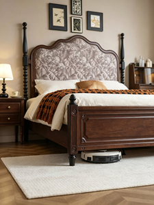 Traditional Upholstered Wooden Bed Frame Queen Size Mahogany Fabric Soft Bed with Patterned Headboard - Product Image 4