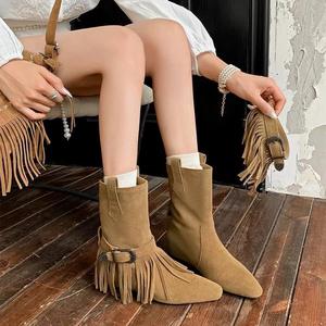 Botas de moda 2026 de diseño exclusivo de dos formas con borlas y punta, botas vaqueras occidentales para mujer, botines planos a media pantorrilla - Product Image 1