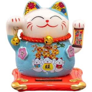 Ameublement de maison et décoration de Noël en porcelaine chat japonais de 5 pouces en céramique solaire porte-bonheur Maneki Neko - Product Image 6