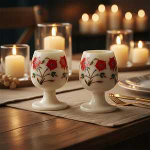 Verres à pied en marbre peint à motifs floraux, base blanche, motif floral rouge, design moderne, élégant, artistique, d'inspiration vintage ANURAG - Product Image 2
