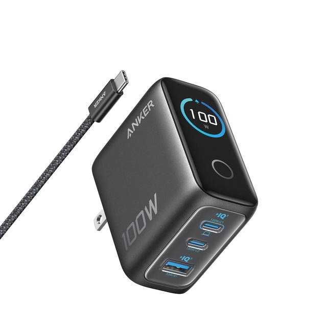 Anker 100W Max USB-C 3-Port GaN Ultra-Compact Wall Charger for Wireless Charging OLP Protection 12V/10A Smart Display Touch