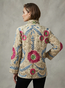 Chaqueta Bordada Suzani Color Crema Beige al por Mayor para Mujer, Ropa Exterior Tradicional con Bordado Floral a Mano, Moda Étnica - Product Image 2