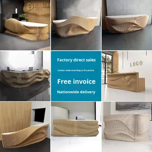 Comptoir de réception en bois massif à motif ondulé artistique, comptoir de réception en bois massif naturel, comptoir de réception incurvé pour bureau - Product Image 5