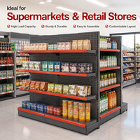 Estantería Góndola Metálica de Una Cara para Carga Ligera, Gris Oscuro, con Panel Perforado y Borde Rojo, 5 Niveles, Móvil, para Tienda o Supermercado