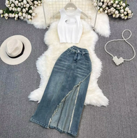 Robe en jean mi-longue fendue à taille haute, style sexy, collection été 2026, avec jupe intégrée, style industriel lourd, tendance, ensemble de vêtements