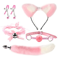 Ensemble érotique pour femmes - Plug anal queue de chat, bâillon buccal, pinces à tétons, collier, accessoires d'entraînement postérieur, jouet SM en cuir
