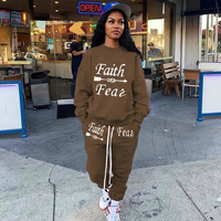 Ensemble de survêtement streetwear pour femme, imprimé 'Faith Over Fear', 2 pièces, sweat-shirt à col rond et pantalon de jogging à cordon de serrage personnalisé, tenue décontractée