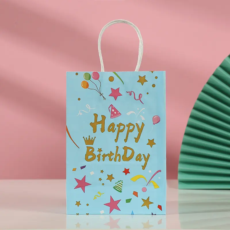 Gift Paper Bags Happy Birthday Candy Bag Cartoon Kraft Paper Balloon Cake Party Supplies Handbag Printed Pattern Packaging New