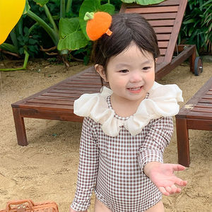 Cute Baby INS Plaid Traje de baño de una pieza para niñas con encaje Patrón de <span class=keywords><strong>mar</strong></span> territorial Diseño a rayas para niños - Product Image 4