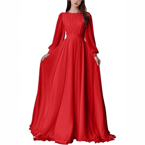 Robe de mariée élégante coupe trapèze, col rond, manches longues, couleur unie, robe de soirée pour femme, tissu polyester bleu - Product Image 3