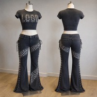 Ensemble deux pièces OEM pour femme : pantalon évasé en jean à lacets et tee-shirt court à imprimé animalier avec clous, logo personnalisé