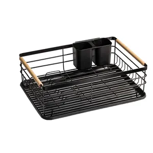 BX black metal dish drying rack with wood holder kitchen dish rack with removeable utensil holder