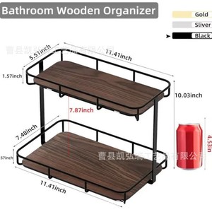 Retro-style double-layer iron and wood combination <b>desktop</b> storage rack for home use, suitable for bathroom vanities, - Product Image 4