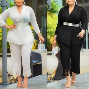 Conjunto de 2 Piezas Casual para Mujer, Top con Escote en V y Borlas con Diseño de Escamas de Pescado, Pantalones, Moda - Product Image 5