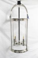 Lustre suspendu en laiton nickelé poli XZ, 4 lumières, cage en verre transparent, avec cordon en cuir tressé et poignée en cuir