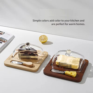 จานไม้ไผ่และเนยพร้อมฝาแก้ว, จานเก็บขนมหวานสำหรับเก็บชีสเค้กและมีด - Product Image 2