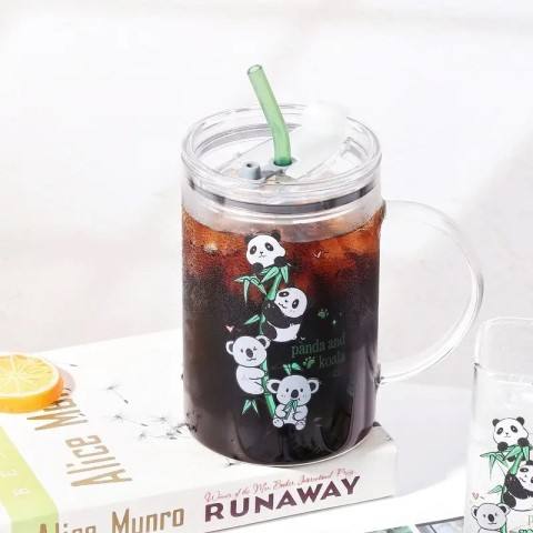 Hot Sale New Design Bottles Panda and Koala Water Milk Cups Lids Juice Glass Mugs With Straw Light Luxury