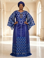 Robes Africaines Tendance FY01-1 pour Femmes, Robe Ample en Jacquard Brodé avec Patchwork en Dentelle, Boubou Femme, Robes Dashiki + Foulard