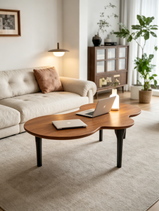Mesa de Centro de Madera Maciza con Forma de Nube, Patas Cónicas Negras, Estilo Japonés Minimalista, Mesa de Té para Sala de Estar - Product Image 3