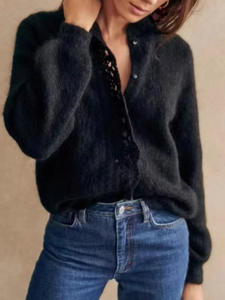 2025 conception personnalisée Logo printemps automne confortable froid manches bouffantes Pointelle <span class=keywords><strong>Cardigan</strong></span> tricoté ouvert pull haut pour les femmes - Product Image 3