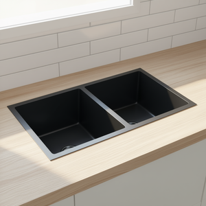 Évier de cuisine double en acier inoxydable noir, finition mate, à encastrer, design rectangulaire industriel - Product Image 2