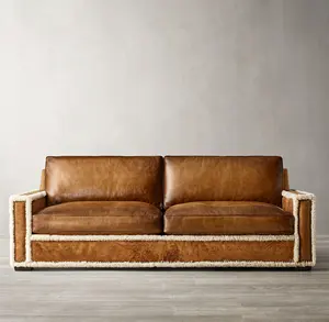 Furnitur gaya Amerika rural retro ruang keluarga, tas lembut seni kulit, kombinasi sofa mewah domba multi orang, dapat disesuaikan