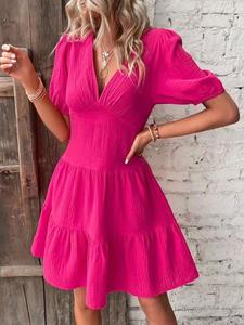 Robe d'été décontractée à manches courtes pour femme, col en V profond, couleur rouge <span class=keywords><strong>rose</strong></span> unie, élégante - Product Image 6