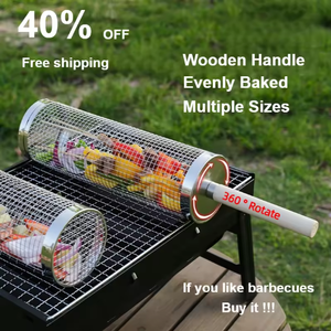 Cesta de <span class=keywords><strong>barbacoa</strong></span> rodante de acero inoxidable con mango de madera para exteriores, accesorios de camping, <span class=keywords><strong>herramientas</strong></span> para parrilla de barril - Product Image 5
