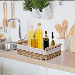 Rattan Woven Storage <b>Basket</b> Rectangle Canvas Lined Handmade For Kitchen Countertop Organization - Product Image 1