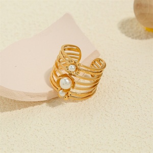 Dainty Cuff Hollow Unique Engagement Finger <b>Rings</b> 18k Gold Plated Stainless Steel Adjustable Gold <b>Chunky</b> Pearl <b>Rings</b> - Product Image 2