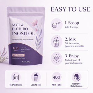Soutien à la fertilité féminine : Poudre d'inositol 2000 mg, mélange de Myo-Inositol et D-Chiro-Inositol avec Vitamine D3, Folate, Zinc, sans sucre - Product Image 2