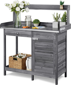 Table de jardin <span class=keywords><strong>en</strong></span> <span class=keywords><strong>bois</strong></span> de sapin écologique et durable avec plateau galvanisé, support de fleurs résistant aux intempéries, étagère et tiroir - Product Image 1