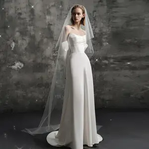 ZX-544 Sheath Sweetheart Wrinkled Pleated Long Sleeves Bridal Bride Dress Wedding Gown for Bride