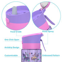 Bouteille d'eau pour enfants avec impression de dessin animé personnalisée, avec paille, sans BPA, en plastique, à couvercle rabattable, anti-fuite, portable, gourde pour enfants