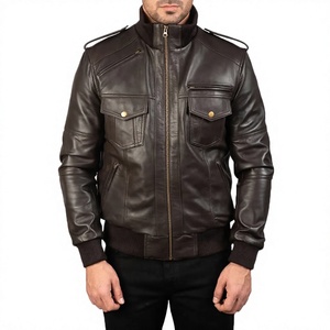 Chaqueta de Invierno para Hombre, Estilo Motero, de Cuero Genuino Marrón, con Cuello Mao, Calefactable, con Cierre de Cremallera - Product Image 5