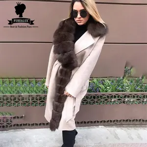 Veste d'hiver femme Style Long peau entière fourrure de renard sable avec chaud cachemire mince manteau de laine veste véritable
