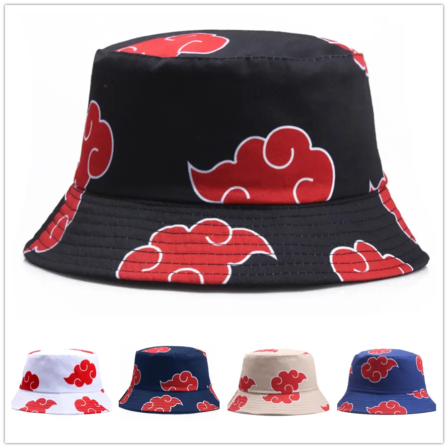 Панама с принтом в японском стиле с изображением красных облаков для мужчин и женщин, Панама с плоским козырьком и капюшоном, летняя шляпа от солнца в стиле аниме