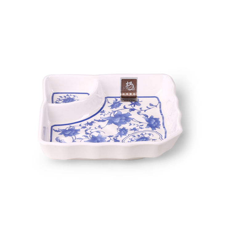 New Style Blue Peony Printing Melamine Chip and Dip Plate|